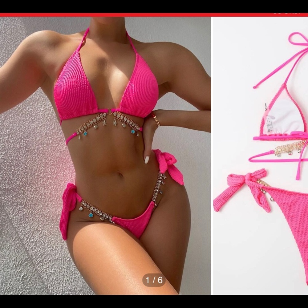 Hot Pink Rhinestone Tie Halter Bikini Swimsuit